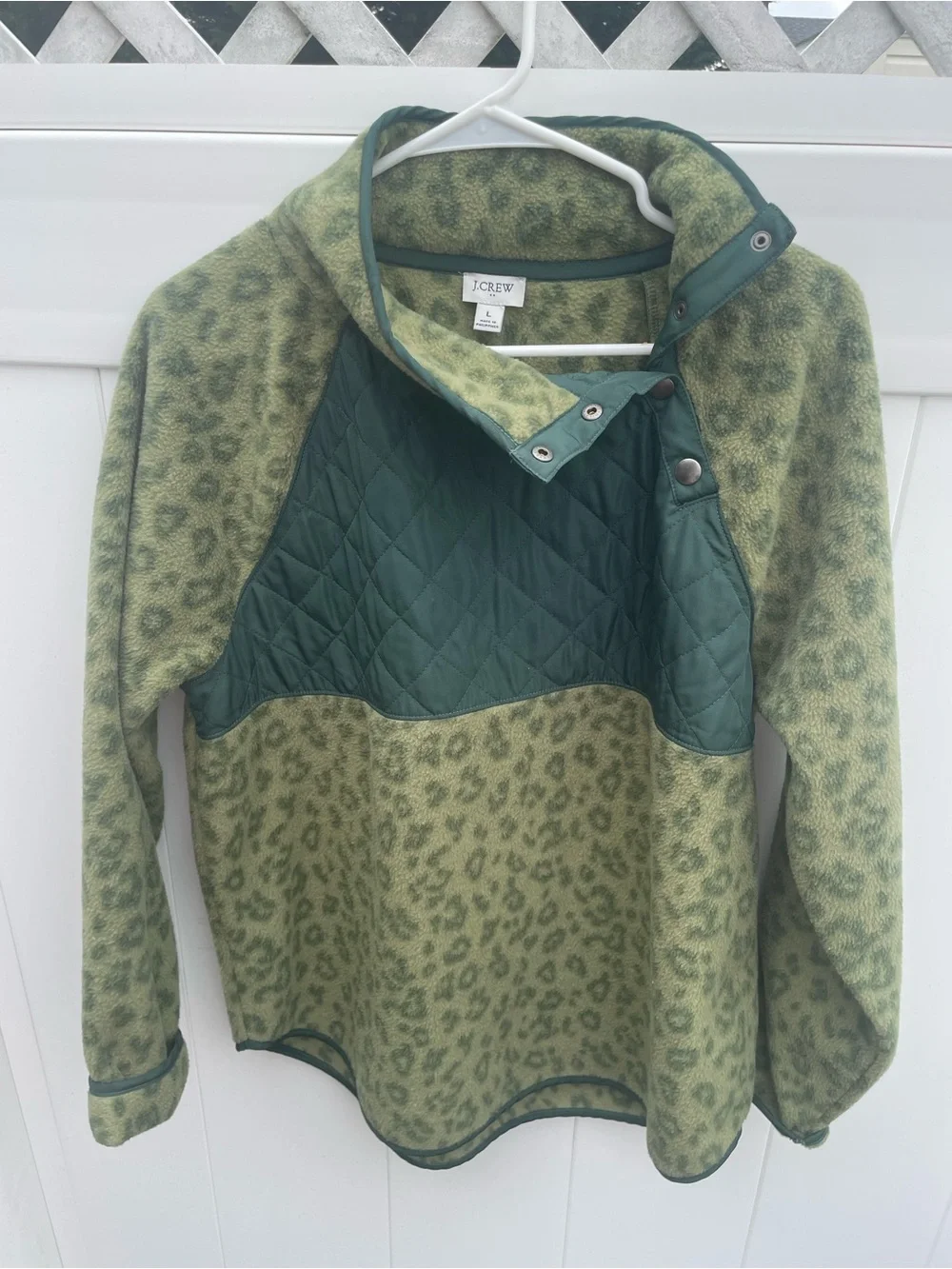 J. Crew Green Leopard Quilted Pullover Fleece
